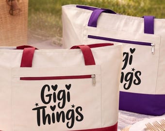 Gigi Things Tote Bag with Zipper, Gigi Gift, New Gigi Gift Zippered Canvas Tote, Gigi Bag, Mother's Day Gift for Grandma