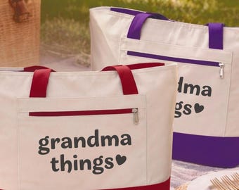 Grandma Things Tote Bag with Zipper, Grandma Gift, Mothers Day Gift for Grandma, New Grandma Gift Zippered Canvas Tote