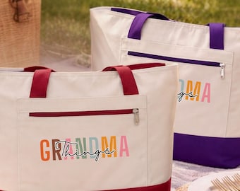 Grandma Things Tote Bag with Zipper, Grandma Gift, Mothers Day Gift for Grandma, New Grandma Gift Zippered Canvas Tote