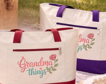 Grandma Things Tote Bag with Zipper, Grandma Gift, Mother's Day Gift for Grandma, New Grandma Gift Zippered Canvas Tote