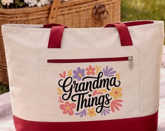 Grandma Things Tote Bag with Zipper, Grandma Gift, abstract Mothers Day Gift for Grandma, New Grandma Gift Zippered Canvas Tote
