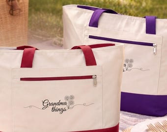 Grandma Things Tote Bag with Zipper, Grandma Gift, Mother's Day Gift for Grandma, New Grandma Gift Zippered Canvas Tote