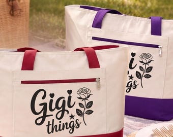Gigi Things Tote Bag with Zipper, Gigi Gift, Mother's Day Gift for Grandma, New Grandma Gift Zippered Canvas Tote
