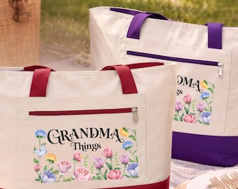 Grandma Things Tote Bag with Zipper, Grandma Gift, Soft Floral Arrangement, Mother's Day Gift for Grandma, New Grandma Zippered Canvas Tote