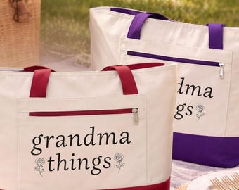Grandma Things Tote Bag with Zipper, Grandma Gift, Mother's Day Gift for Grandma, New Grandma Gift Zippered Canvas Tote