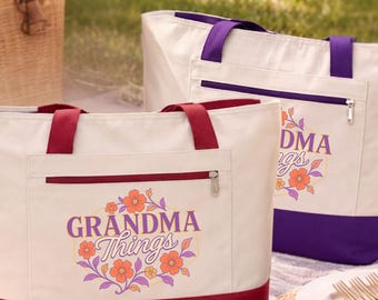 Grandma Things Tote Bag with Zipper, Grandma Gift, bright floral elements, Mothers Day Gift for Grandma, New Grandma Zippered Canvas Tote