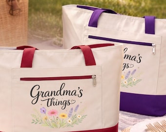Grandma's Things Zippered Canvas Tote, Floral Arrangement Bag