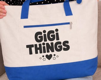 Gigi Things Zippered Canvas Tote Bag, Grandma Gift, Mother's Day Bag, Gigi Bag