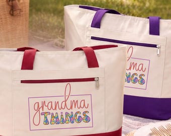 Grandma Things Zippered Tote Bag, Retro Floral Canvas Gift