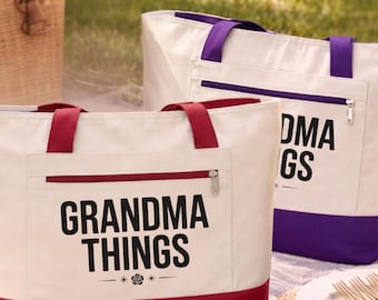 Grandma Things Tote Bag with Zipper, Grandma Gift, Mother's Day Gift for Grandma, New Grandma Gift Zippered Canvas Tote