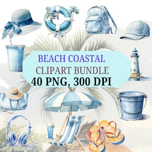 Zestaw plażowy nadmorski Clipart, Zestaw plażowy Clipart, Modne akcesoria plażowe, Unikalny wystrój nadmorski do domu i na zewnątrz, PNG do pobrania