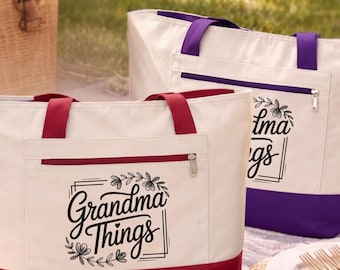 Grandma Things Zippered Canvas Tote Bag, Durable Cotton Blend Gift