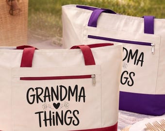 Grandma Things Tote Bag with Zipper, Grandma Gift, Mothers Day Gift for Grandma, New Grandma Gift Zippered Canvas Tote