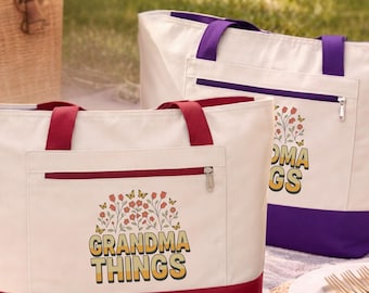 Grandma Things Zippered Canvas Tote Bag, Floral Arrangement, Mother's Day Gift