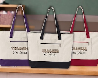 Personalized Leopard Print Teacher Tote Bag | Groovy Retro Educator Gift