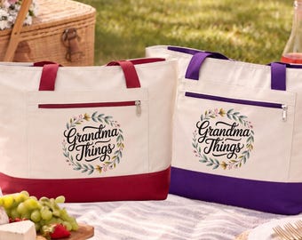 Grandma Things Zippered Canvas Tote Bag, Botanical Wreath Design