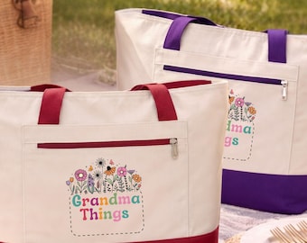 Grandma Things Zippered Tote Bag, Floral Design Canvas Carryall