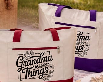 Grandma Things Tote Bag with Zipper, Grandma Gift, Mothers Day Gift for Grandma, New Grandma Gift Zippered Canvas Tote