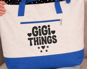 Gigi Things Zippered Canvas Tote Bag, Grandma Gift, Mother's Day Bag