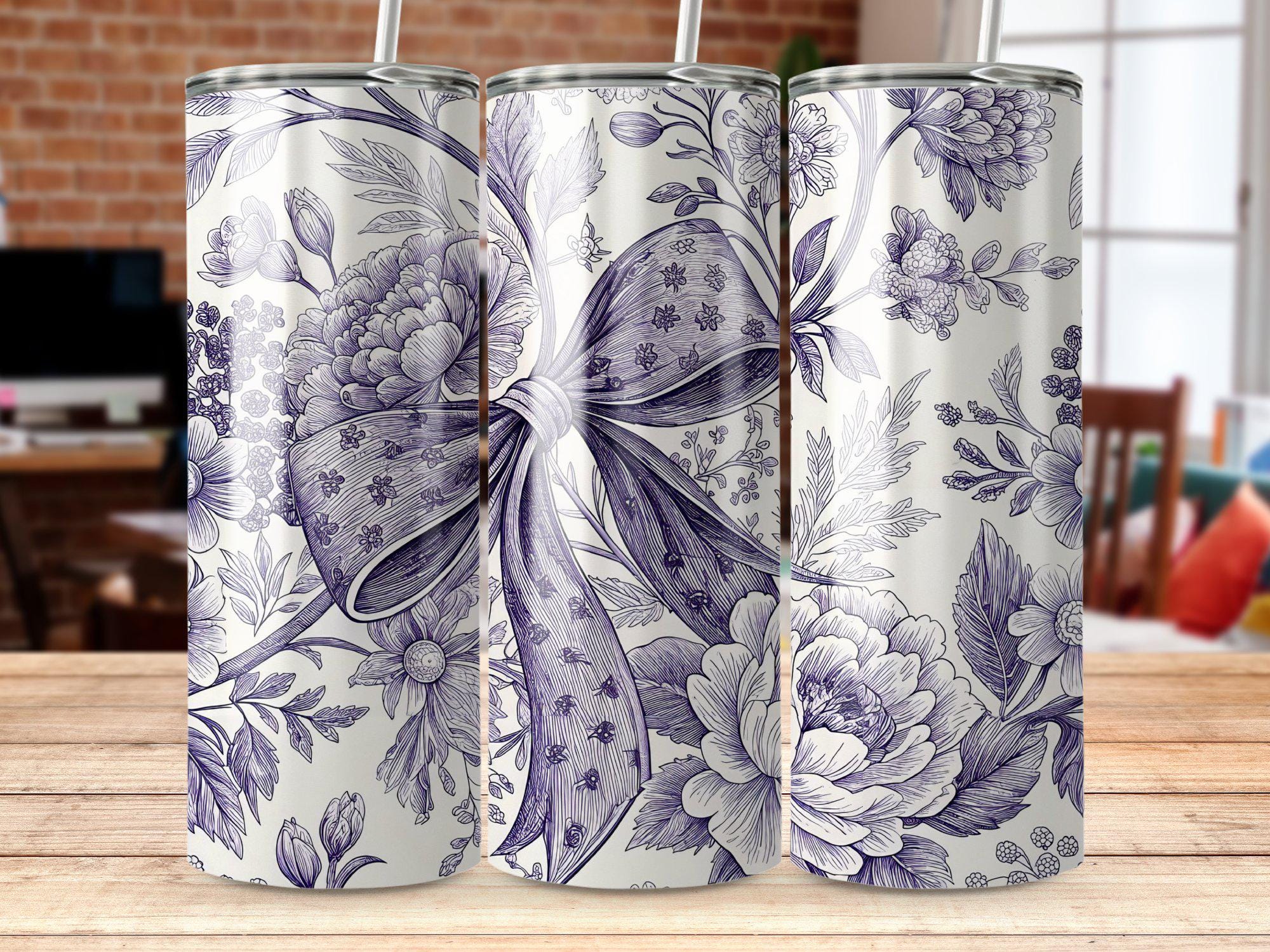 Purple Chinoiserie Bow Floral Seamless Pattern PNG, Tumbler