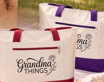 Grandma Things Tote Bag with Zipper, Grandma Gift, Mothers Day Gift for Grandma, New Grandma Gift Zippered Canvas Tote