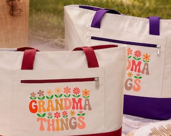 Grandma Things Zippered Canvas Tote Bag, Gift for Grandmother