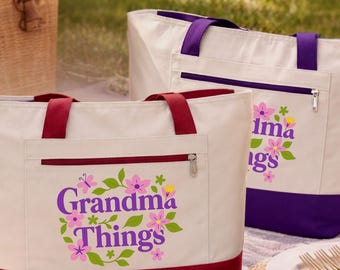 Grandma Things Zippered Canvas Tote Bag, Floral  Design