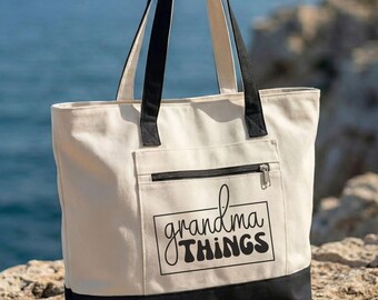 Grandma Things Zippered Canvas Tote Bag, Gift for Grandmother