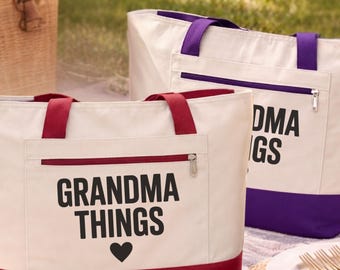 Grandma Things Zippered Canvas Tote Bag, Mother's Day Gift