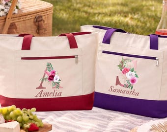 Floral Initial Zippered Canvas Tote Bag, Personalized Name Monogram Bag