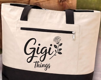 Gigi Things Zippered Canvas Tote Bag, Grandma Gift, Mother's Day Bag