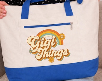 Gigi Things Zippered Canvas Tote Bag, Retro Rainbow Grandma Gift