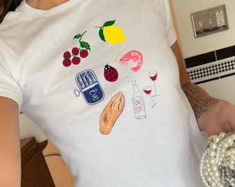 Coastal Aesthetic Baby Tee: Seafood, Wine Fitted Crop Top