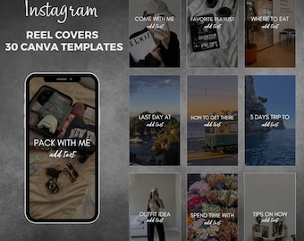 Puede incluir: Un conjunto de 30 plantillas de portada de carrete de Instagram para Canva. Las plantillas presentan una variedad de imágenes con temática de viajes, que incluyen una maleta, una playa, una ciudad y un avión. El texto en las plantillas incluye frases como "Ven conmigo", "Último día en", "Cómo llegar allí" y "3 días de viaje a".