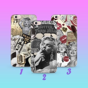 Puede incluir: Tres fundas de teléfono diferentes con un collage de imágenes de Marilyn Monroe. La primera funda tiene una imagen en blanco y negro de Marilyn Monroe fumando un cigarrillo. La segunda funda tiene una imagen en blanco y negro de Marilyn Monroe con lápiz labial rojo. La tercera funda tiene un collage de imágenes de Marilyn Monroe con lápiz labial rojo y un corazón rojo.