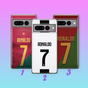 May include: Three phone cases with different designs featuring the name "Ronaldo" and the number "7". The first case is red and green, the second is white and black, and the third is green and red.