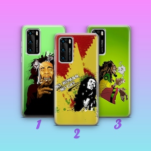 May include: Three phone cases with different designs featuring a cartoon image of Bob Marley. The first case is green with a cartoon image of Bob Marley smoking a cigarette. The second case is yellow with a cartoon image of Bob Marley with the text "No Woman, No Cry". The third case is green with a cartoon image of Bob Marley holding a cigarette and a joint.