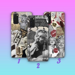 May include: Three different phone cases with a collage of images featuring Marilyn Monroe, lips, diamonds, and other vintage elements. The cases are black and white with red accents. The text on the cases reads "Otter Than Hell", "Confusion Club", "Harm. No Shit.", and "A Touch of Vintage".