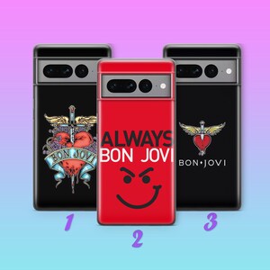 May include: Three black phone cases with different designs featuring the band Bon Jovi. The first case has a heart with a sword and wings, the second case has the text "Always Bon Jovi" with a smiley face, and the third case has a heart with a sword and wings and the text "Bon Jovi".