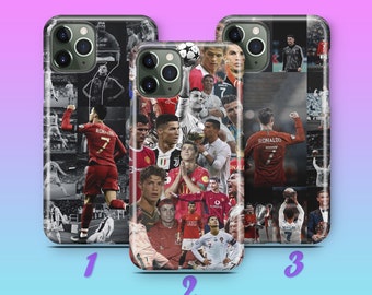 Puede incluir: Tres fundas de teléfono diferentes que presentan un collage de imágenes de Cristiano Ronaldo, un famoso futbolista. Las fundas son negras con un fondo transparente que muestra las imágenes. Las fundas están numeradas del 1 al 3.
