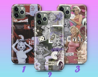 May include: Three different phone cases with a collage of images of Marilyn Monroe. The cases are all black and have a variety of images of Marilyn Monroe, including photos of her in different poses, as well as some text and other graphics. The cases are all designed to fit a standard iPhone.