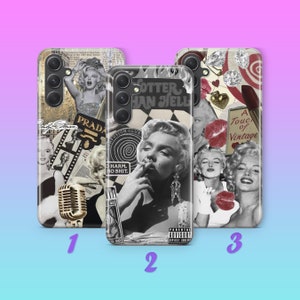 May include: Three different phone cases featuring a collage of black and white images of Marilyn Monroe, a microphone, and other vintage-inspired designs. The cases are all white with a black border and have a variety of text on them, including "Botter Than Hell", "Fusion Club", "Harm No Shit", "A Touch of Vintage", and "Prada".