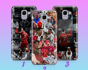 Könnte beinhalten: Drei verschiedene Handyhüllen mit einem Collage aus Bildern von Cristiano Ronaldo, einem berühmten Fußballspieler. Die Hüllen sind schwarz, weiß und grau mit verschiedenen Bildern von Ronaldo in verschiedenen Fußballtrikots und Posen. Die Hüllen sind mit 1, 2 und 3 nummeriert.
