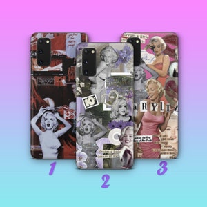 May include: Three different phone cases featuring a collage of images of Marilyn Monroe. The first case has a red, black and white colour scheme. The second case has a purple, pink and white colour scheme. The third case has a pink, white and black colour scheme. All three cases have the text "dream a little dream of me" on them.