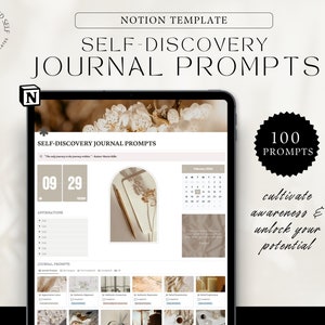Notion template, Self-discovery journal prompts, 100 journal prompts, cultivate awareness and unlock your potential, mock-up of the notion template