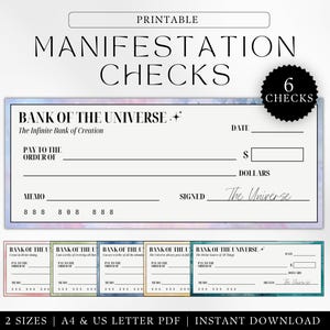 Könnte beinhalten: Druckbare Manifestationschecks mit Aquarellhintergrund. Die Schecks sind mit "Bank des Universums" betitelt und haben Platz für Datum, Begünstigten, Betrag, Memo und Unterschrift. Die Schecks sind mit "Das Universum" signiert.