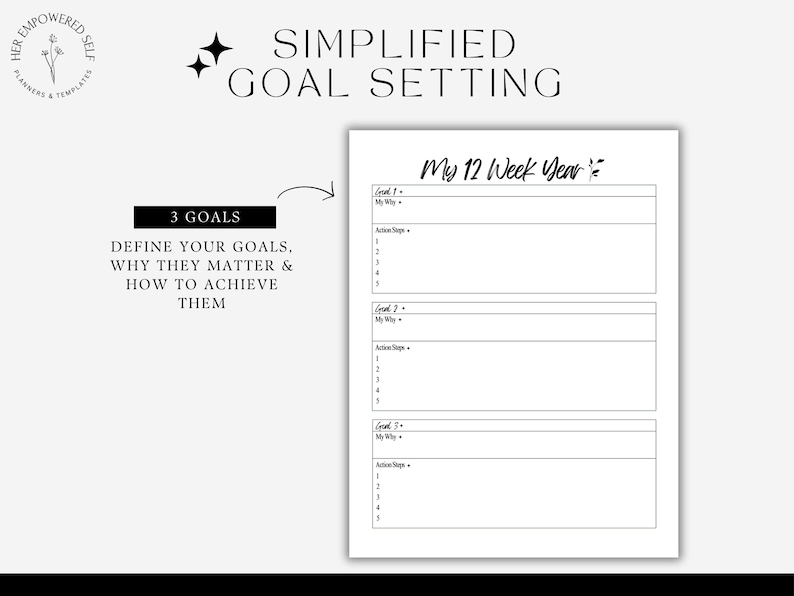 Set goals, simplified goal setting, 3 goals for the 12 week year, mock up page