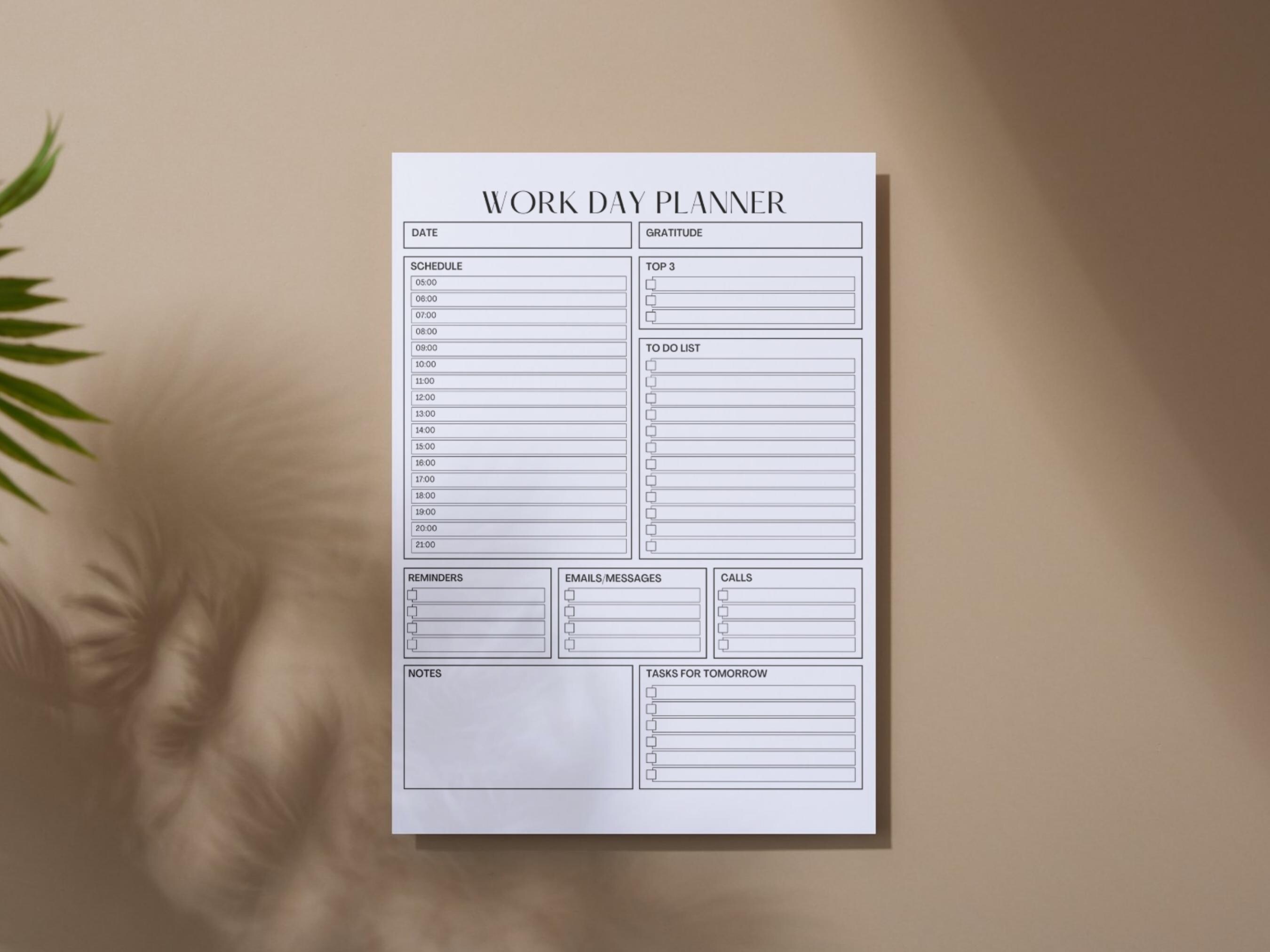 Editable Work Day Planner Printable PDF Daily Work Schedule Template ...