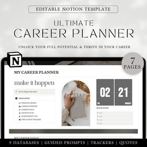 Puede incluir: Una pantalla digital que muestra una plantilla de Notion para un planificador de carrera. La plantilla se titula "Ultimate Career Planner" e incluye secciones para navegación, objetivos profesionales y notas rápidas. La pantalla está rodeada de un fondo gris con el texto "Her Empowered Self Planners & Templates" y "7 Pages" en la esquina superior derecha.