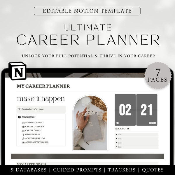 Career Planner Notion Template - Career Development - Career Goals - Professional Development - Job Application Tracker - Job Dashboard